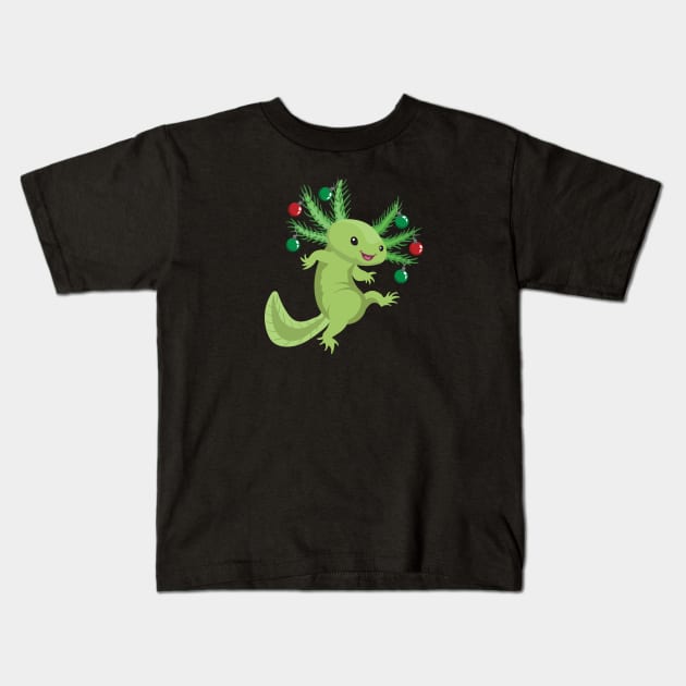 Festive Axolotl (Green) Kids T-Shirt by Peppermint Narwhal